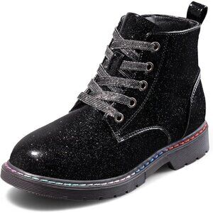 🆕Girls Ankle Boots Black Glitter Combat Booties Lace Up Winter Dress Boots